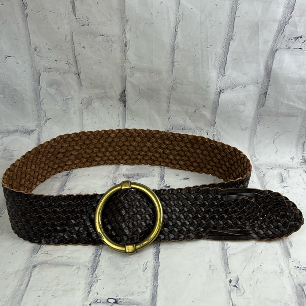 Ann Taylor Braided Belt Woven Genuine Leather Wide with Brass Buckle Bohemian